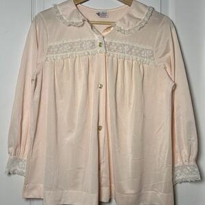 Colony Club Vintage 70s Pink Lace Trim Peter Pan Collar Bed Shirt Coquette Style